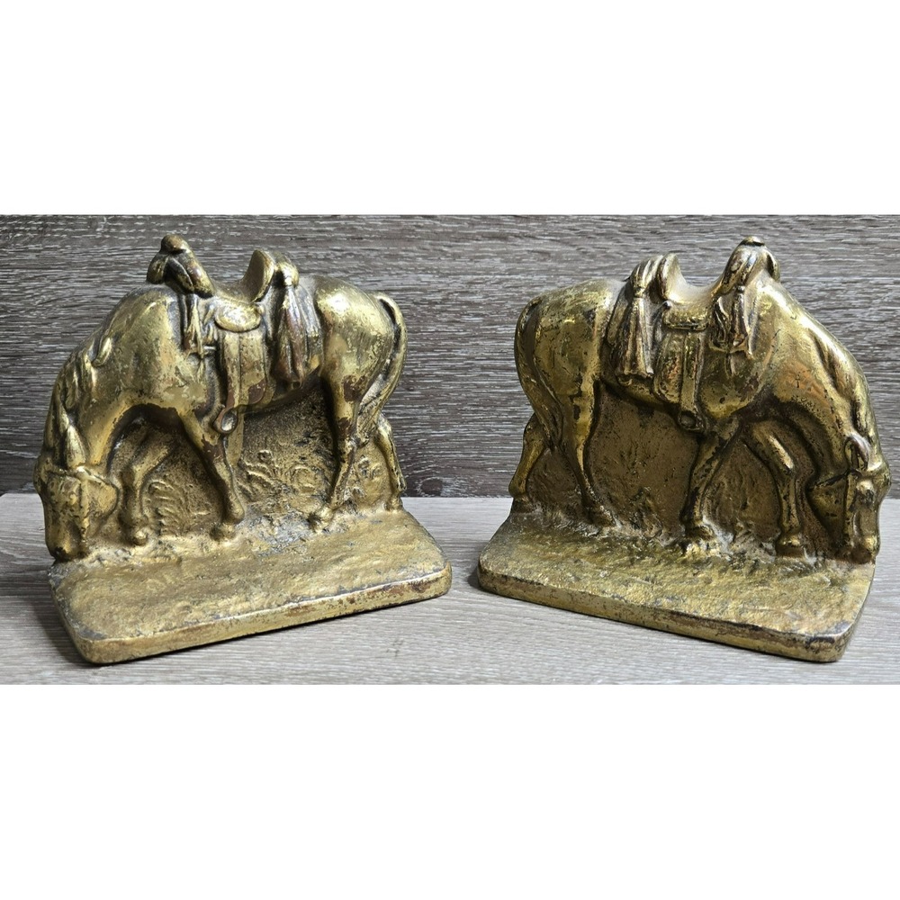 Vintage Pair Brass Sculpture Gilted Western Horse Statue Bookends Home Decor